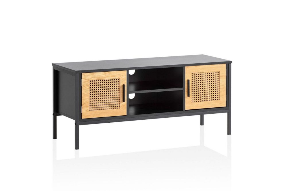 Lowboard Wohnling spånskiva folierad med 2 skjutdörrar, wienflät, modern stil Svart, Ek
